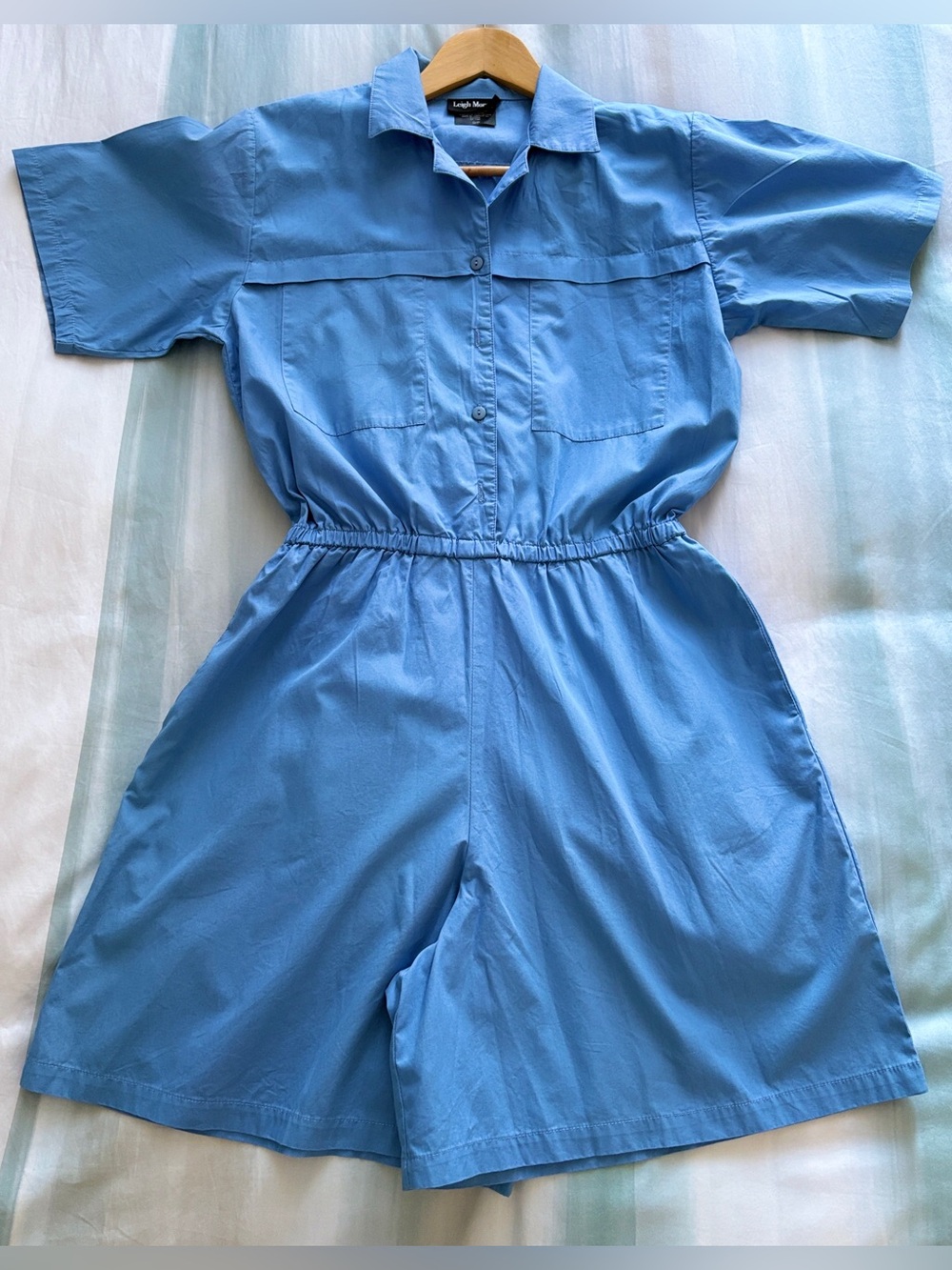 Leigh Morgan Vintage Blue Romper Cotton Utility Jumpsuit Shorts Size S Small